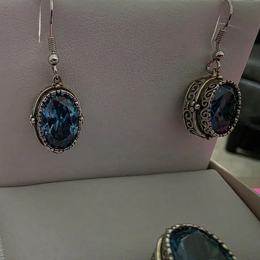 NEW NEVER WORN. Elegant Blue  Apatite simulant Gemstone Earrings and Ring Set - Picture 5 of 5